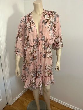 SHEIN Pink Floral Tie-Waist Swim Coverup